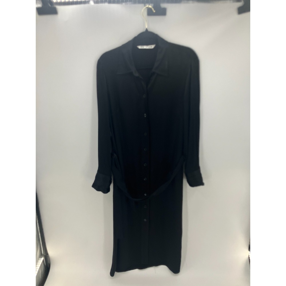 Zara Shirt Dress Womens Large Black Satin Belted Waist Collared Button Front